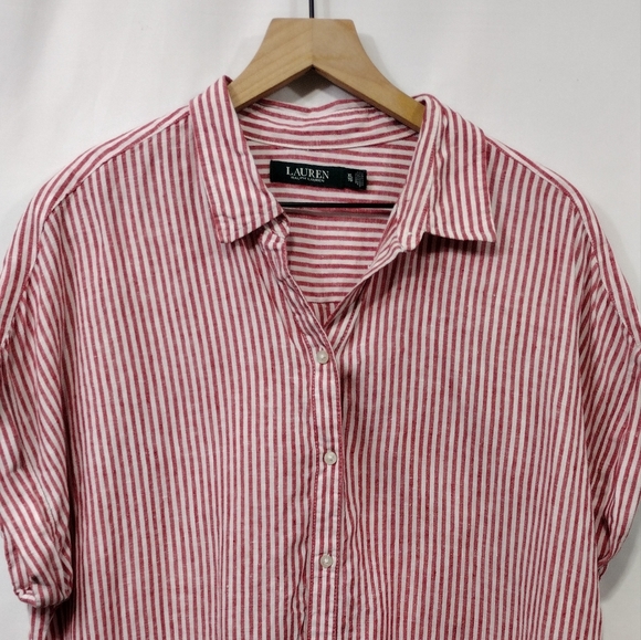 Ralph Lauren 100% Linen Striped Button Shirt Womens XL White Red Casual Comfy - Picture 3 of 9